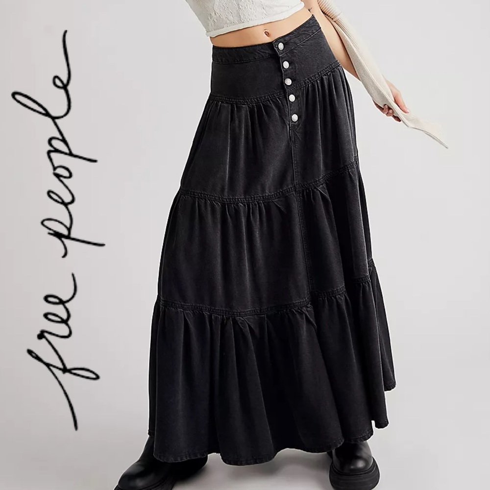 Free People Dreamweaver Maxi Skirt Denim Front Button Tiered Layered Skirt